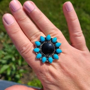 Black onyx and turquoise Flower Ring